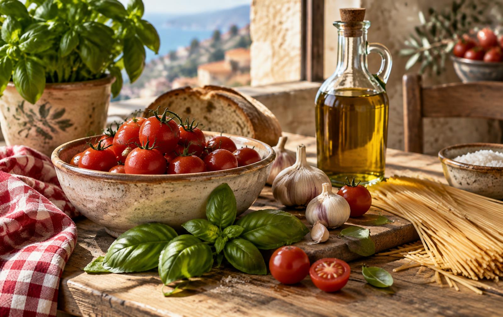 Tavola mediterranea con pomodori, aglio, basilico, pasta e olio d’oliva